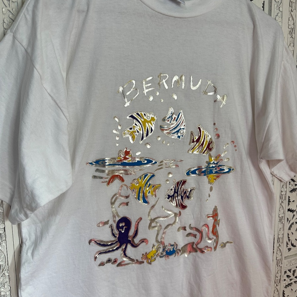 Vintage Davidsons Metallic Fish Nautical Bermuda T Shirt‎ Sz Medium - Picture 2 of 5